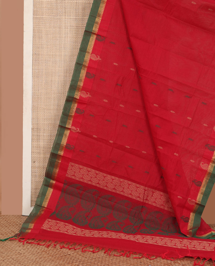 Red unique motifs kanchi cotton saree, contrast zari border, and pallu of circle and manga motifs