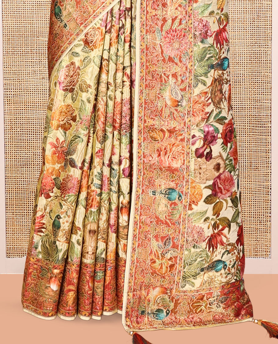 Off-White Tropical Floral Russian Dola Tissue Saree, Contrast Floral-Bird Border, and a Contrast Blouse