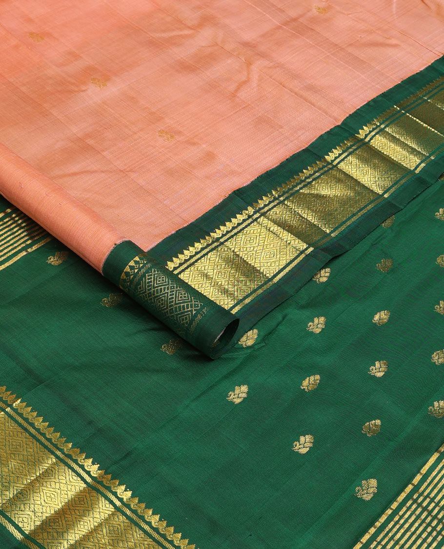 Peach zari buttas Kanchipuram silk saree, contrast one-sided korvai zari border of thilakam mokku, banaras, and jaal, and zari design pallu
