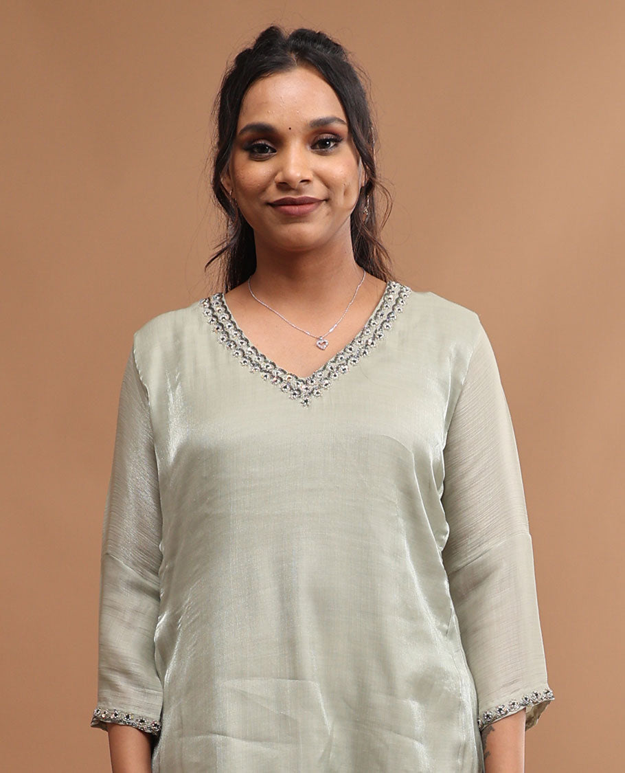 Grey embroidery v neck , 3/4 th sleeve , below knee length kurti