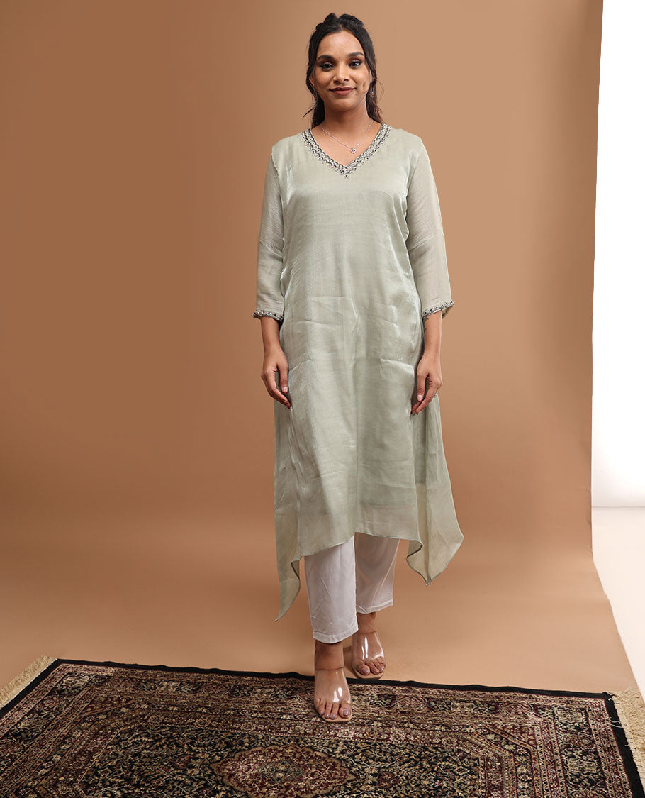 Grey embroidery v neck , 3/4 th sleeve , below knee length kurti