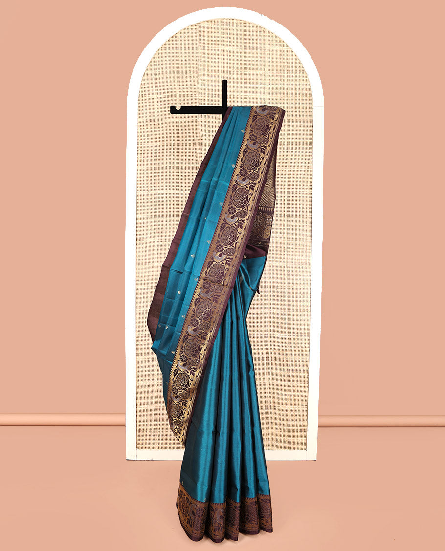 Blue Mayuri Lite Silk Mix Saree, Detailed with Buttas, Contrast Paithani-Style Peacock-Floral Border, Grand Pallu, and Contrast Blouse