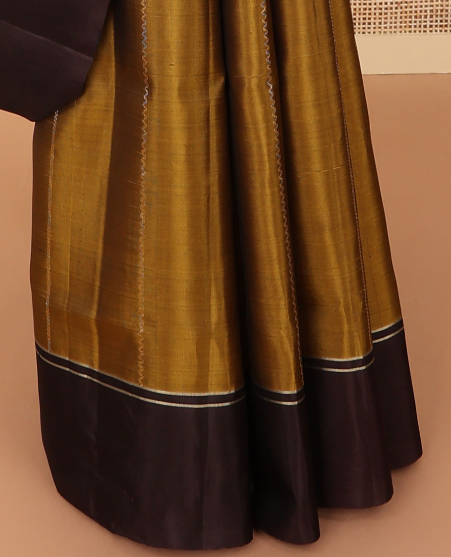 Brown geometric design mayuri soft silk saree with contrast plain border & floral jaal design pallu