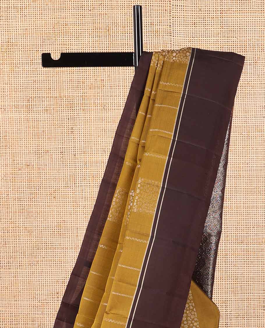Brown geometric design mayuri soft silk saree with contrast plain border & floral jaal design pallu