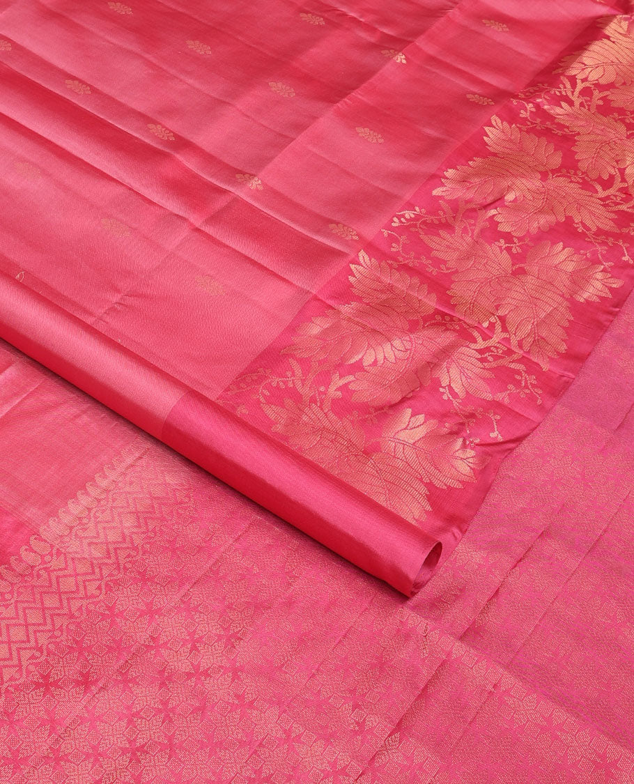 Pink zari buttas soft silk saree, leaf jaal border & self-pallu of manga,neli, diamond & geometric patterns