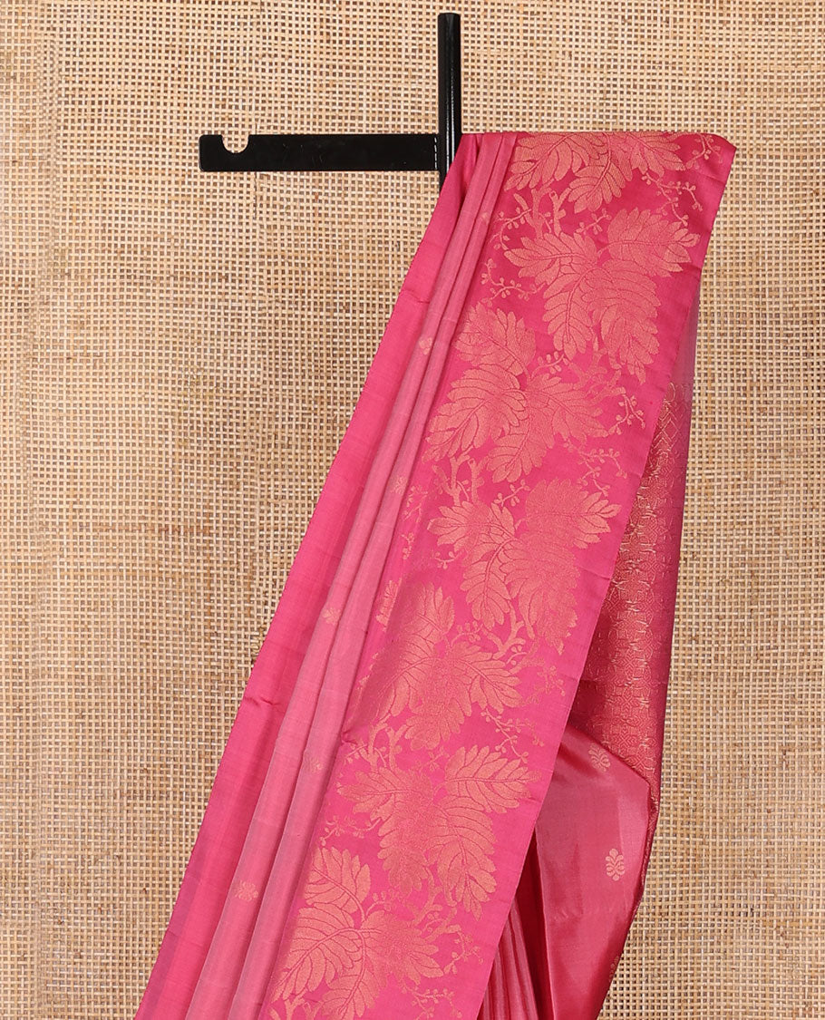 Pink zari buttas soft silk saree, leaf jaal border & self-pallu of manga,neli, diamond & geometric patterns