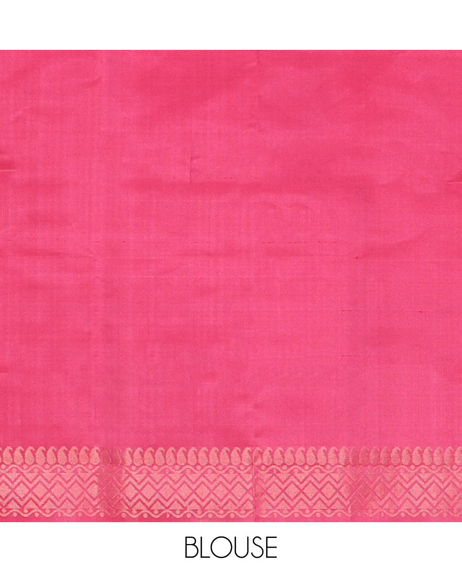 Pink zari buttas soft silk saree, leaf jaal border & self-pallu of manga,neli, diamond & geometric patterns