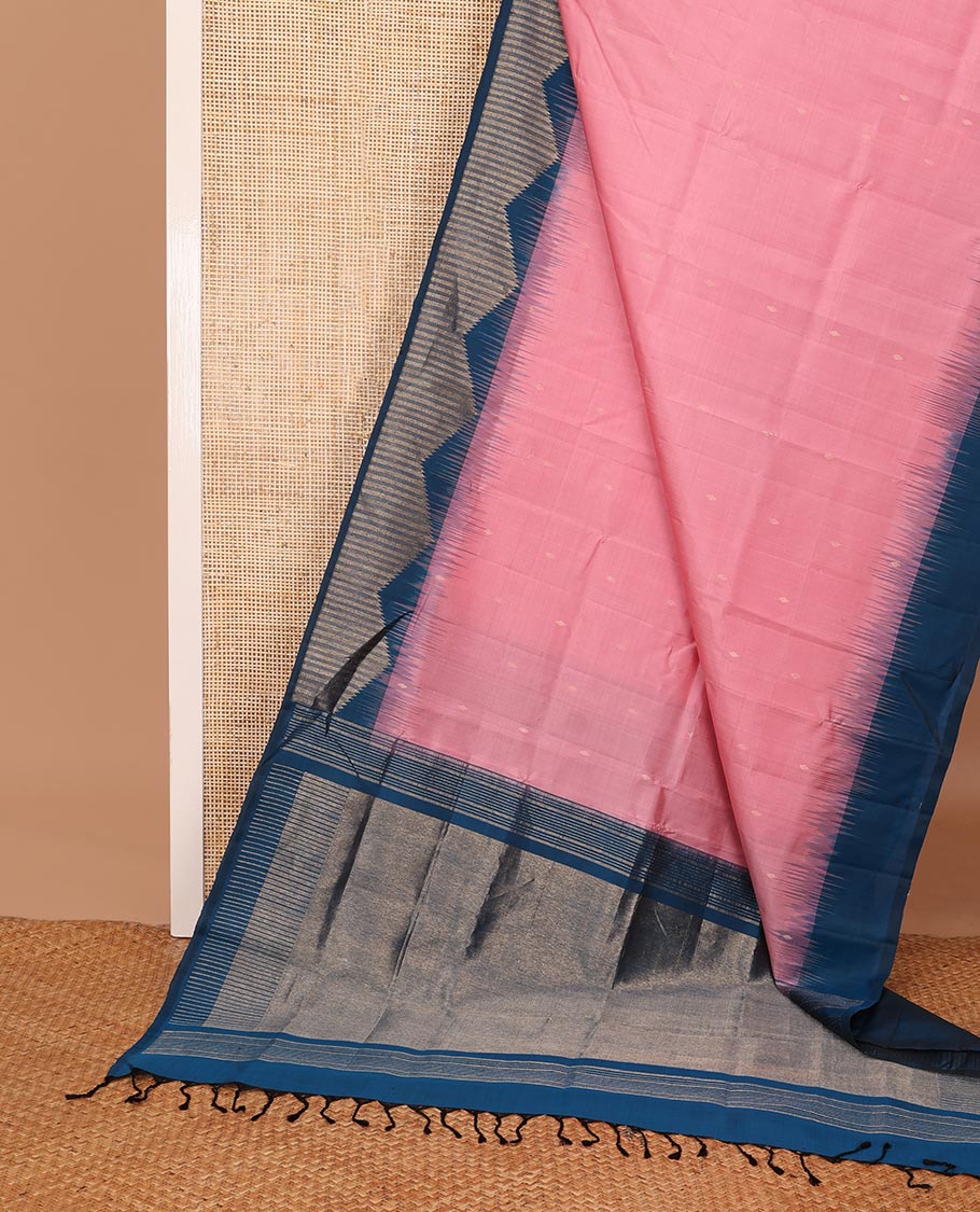 Pink zari buttas soft silk saree, contrast temple zari border & seppu rekku pallu