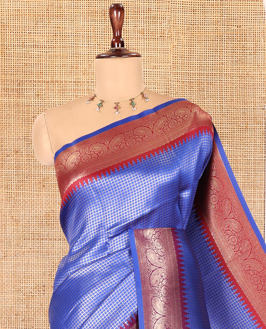 Royal Blue Zari Checked Litchi Saree with Contrast Ganga-Jamuna Border, Grand Pallu, and a Contrast Blouse