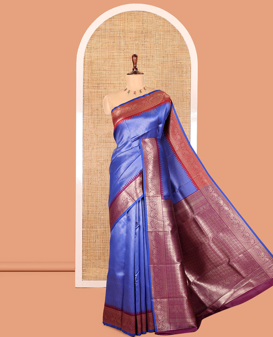Royal Blue Zari Checked Litchi Saree with Contrast Ganga-Jamuna Border, Grand Pallu, and a Contrast Blouse