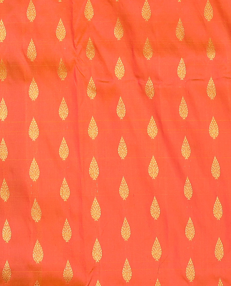 Orange pure-silk half saree, zari buttas skirt, contrast border & blouse of thilakam,muthu,star vanki,ara bogudi & manga & intricate dhavani