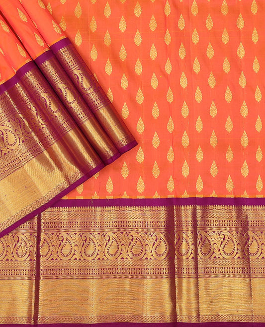 Orange pure-silk half saree, zari buttas skirt, contrast border & blouse of thilakam,muthu,star vanki,ara bogudi & manga & intricate dhavani