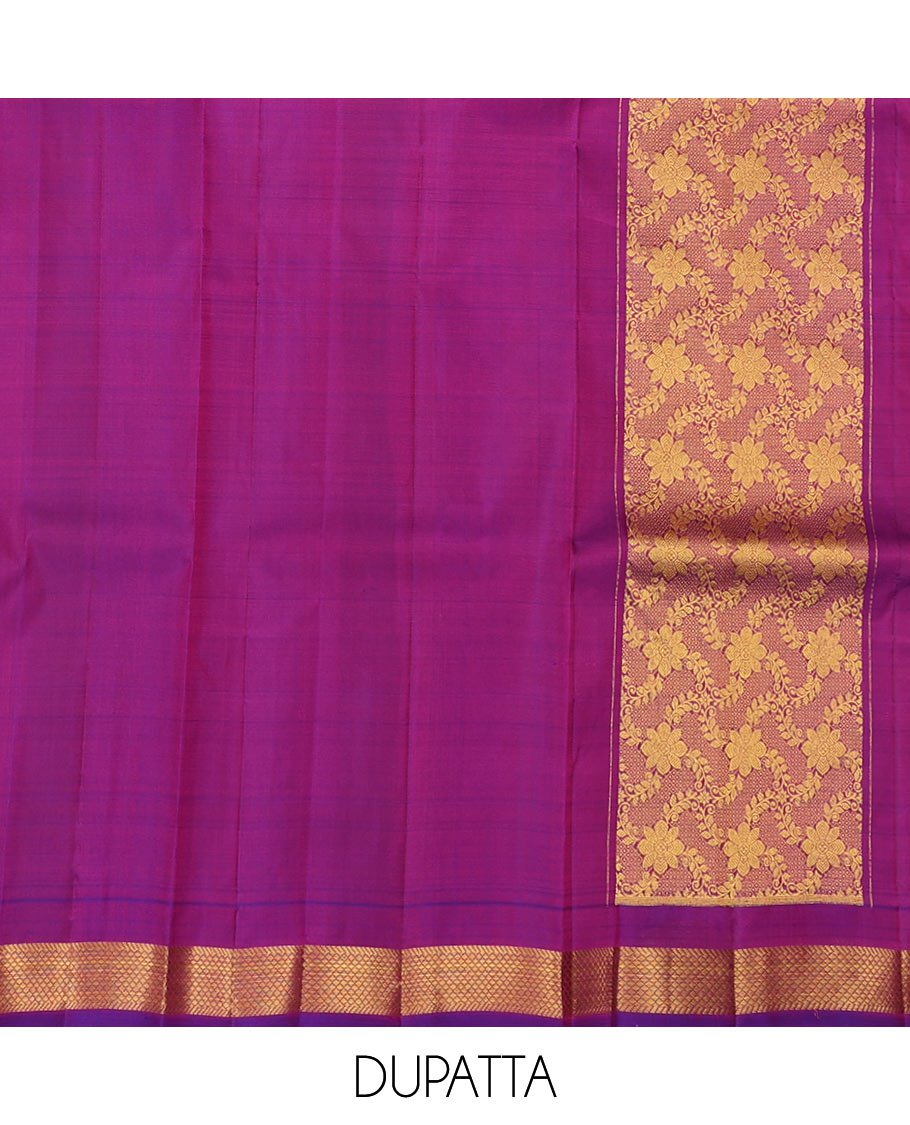 Orange pure-silk half saree, zari buttas skirt, contrast border & blouse of thilakam,muthu,star vanki,ara bogudi & manga & intricate dhavani