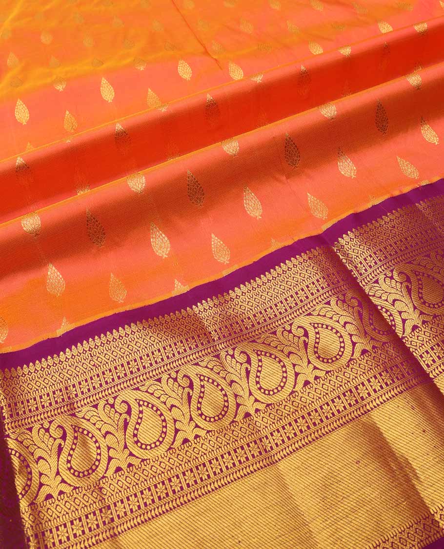 Orange pure-silk half saree, zari buttas skirt, contrast border & blouse of thilakam,muthu,star vanki,ara bogudi & manga & intricate dhavani