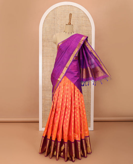 Orange pure-silk half saree, zari buttas skirt, contrast border & blouse of thilakam,muthu,star vanki,ara bogudi & manga & intricate dhavani