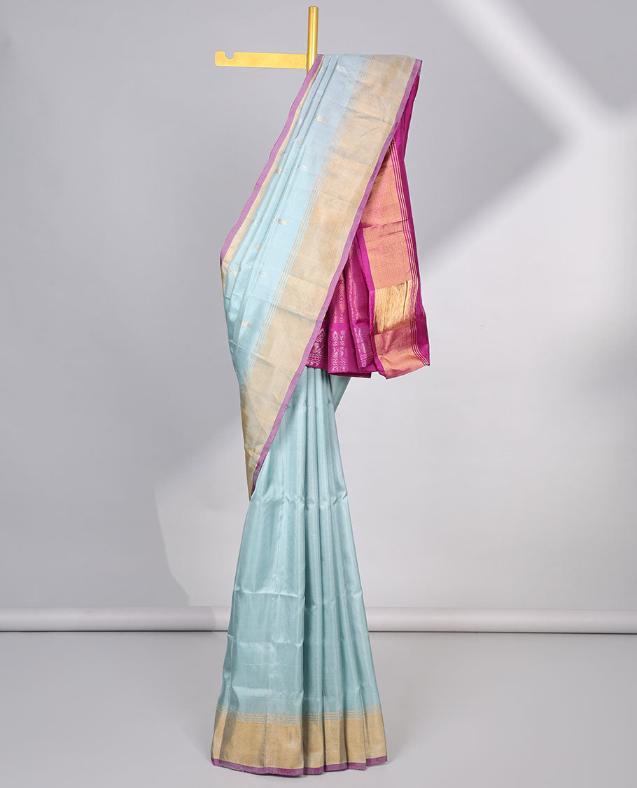 Blue floral buttas uppada silk saree with contrast zari border & floral zari design pallu