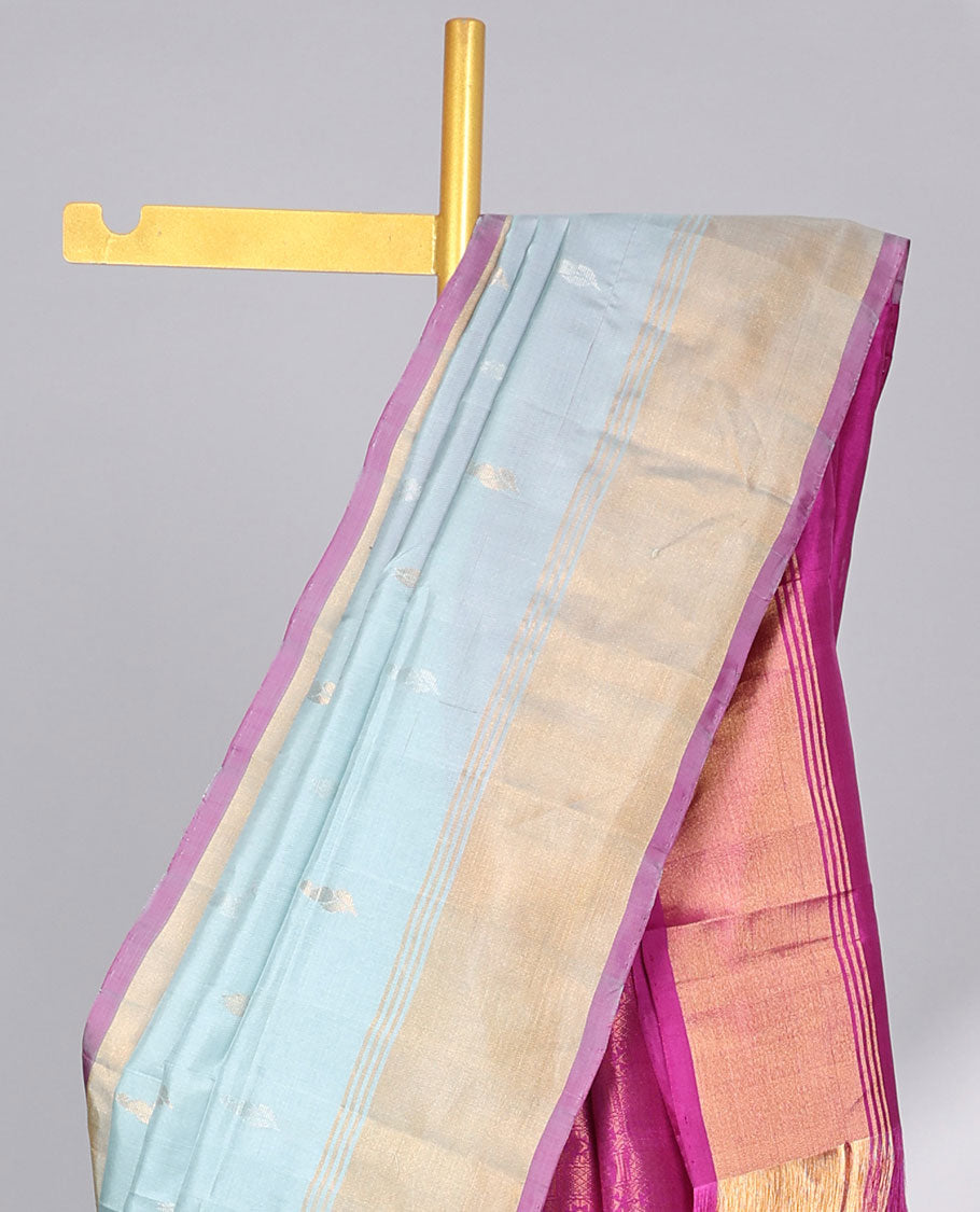 Blue floral buttas uppada silk saree with contrast zari border & floral zari design pallu