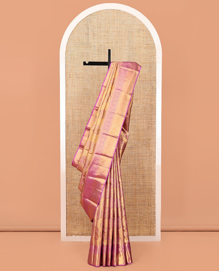 Gold Kanchipuram Tissue Silk Saree,Elegantly Highlighted with Jacquard Design,Complemented by Contrast Border of Banaras, Neli, Poun, and Kodi Visiry Designs, Jaal Pallu, and Contrast Blouse