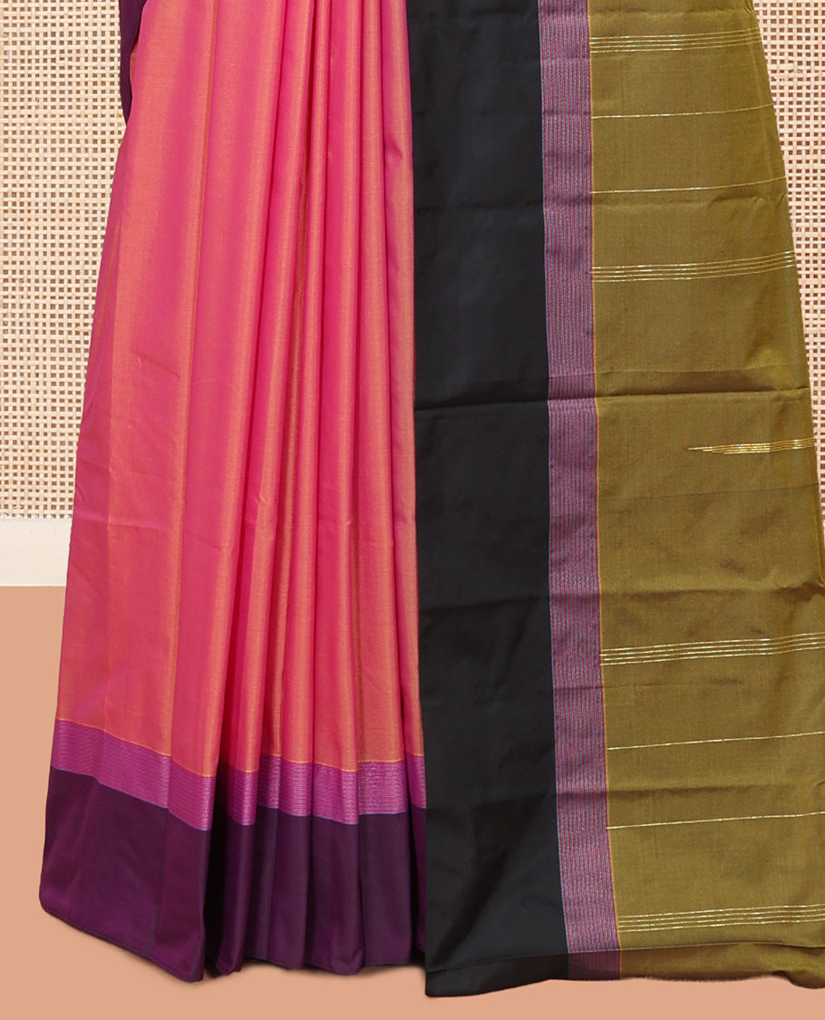 Pink Plain Arani Saree, a Contrast Border, Contrast Zari Striped Pallu, and a Contrast Blouse