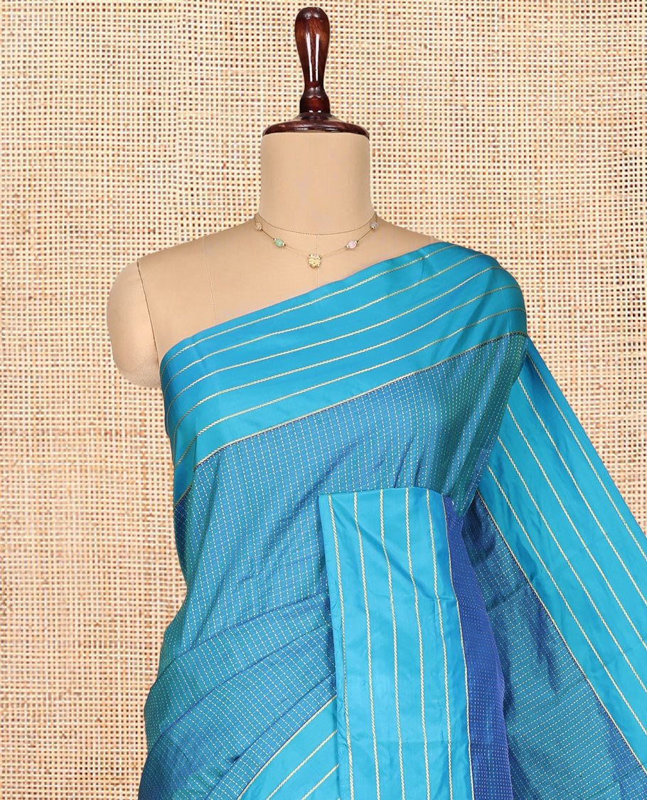 Blue Aarani Gift Saree, Subtly Woven with Checked Design on Its Body, Highlighted by a Zari Striped Border, Captivating Contrast Pallu of Stripes, and Paired with a Contrast Blouse
