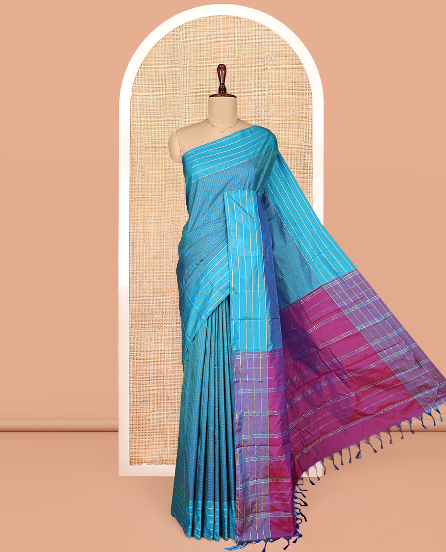 Blue Aarani Gift Saree, Subtly Woven with Checked Design on Its Body, Highlighted by a Zari Striped Border, Captivating Contrast Pallu of Stripes, and Paired with a Contrast Blouse