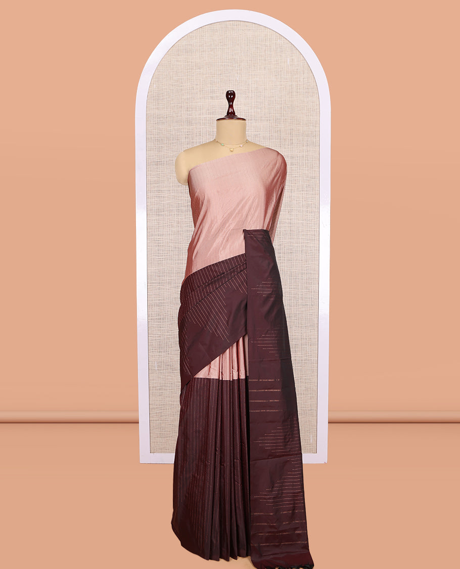 Borderless Peach-Brown Arani Saree, Crafted with Zari Stripes, a Self-Pallu, and a Matching Blouse