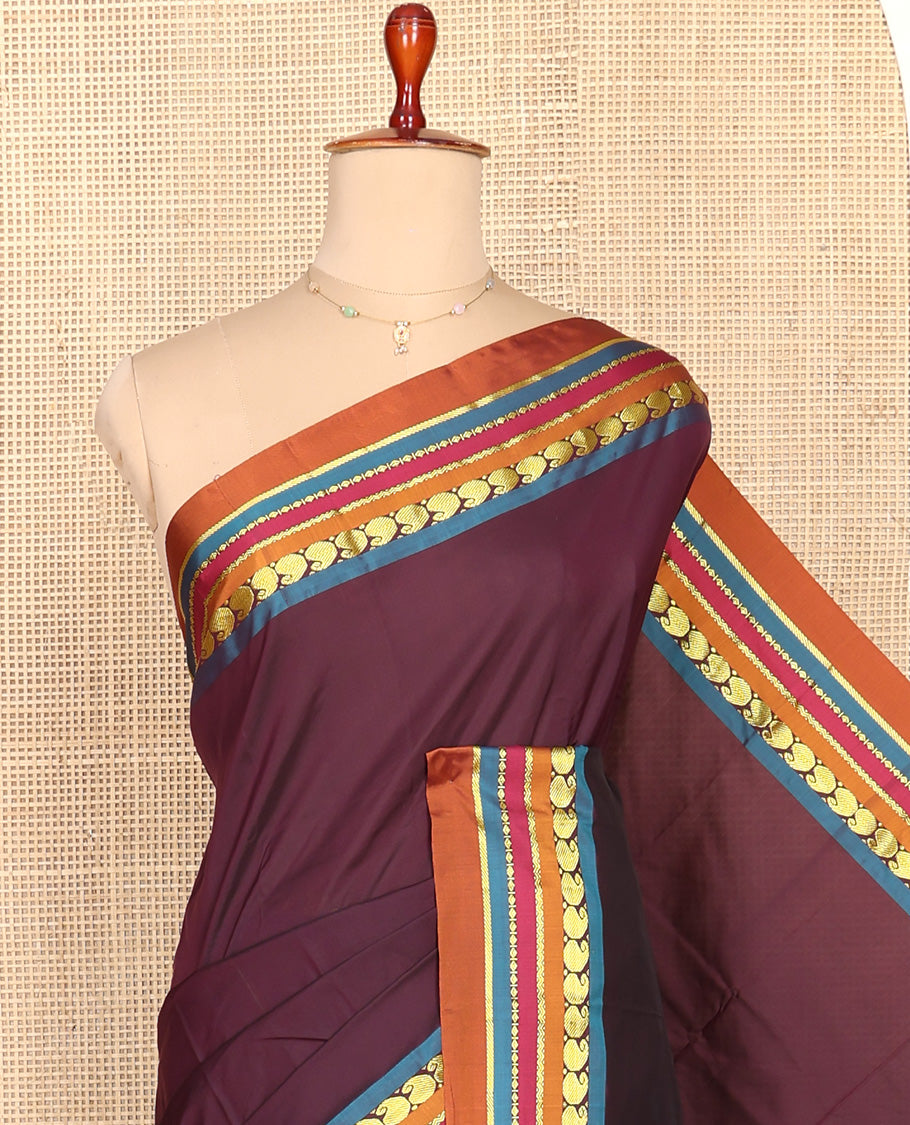 Brown Plain Aarani Silk Saree, Complemented by a Contrast Traditional Zari Design Border, Pallu of Stripes, and Paired with a Contrast Blouse