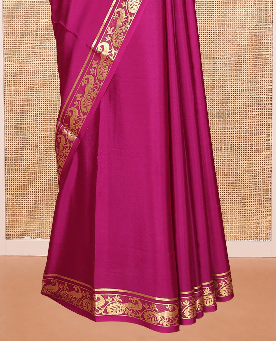 Rani Pink Plain Mysore Silk Saree, Elegantly Framed with Traditional Zari Border of Peacock Designs, Pallu Woven with Zari Stripes, and Paired with a Matching Blouse