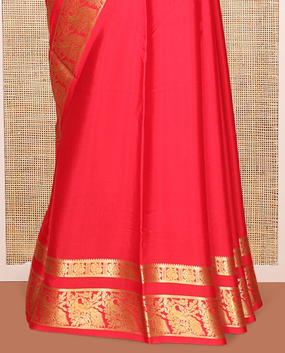 Red Plain Mysore Silk Saree, Entralled with Traditional Zari Border Steeped with Peacock Designs, Zari Decked Up Pallu, and Paired with a Matching Blouse
