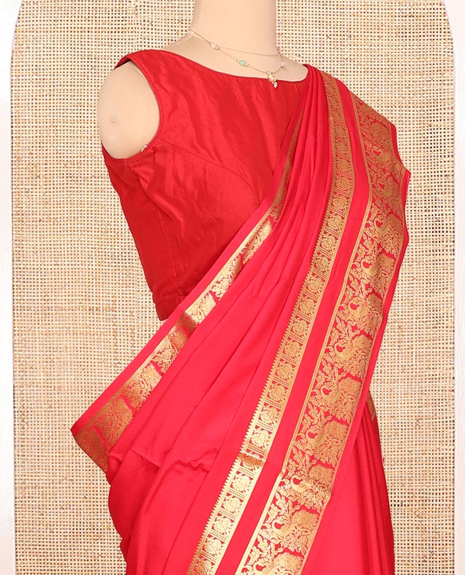 Red Plain Mysore Silk Saree, Entralled with Traditional Zari Border Steeped with Peacock Designs, Zari Decked Up Pallu, and Paired with a Matching Blouse
