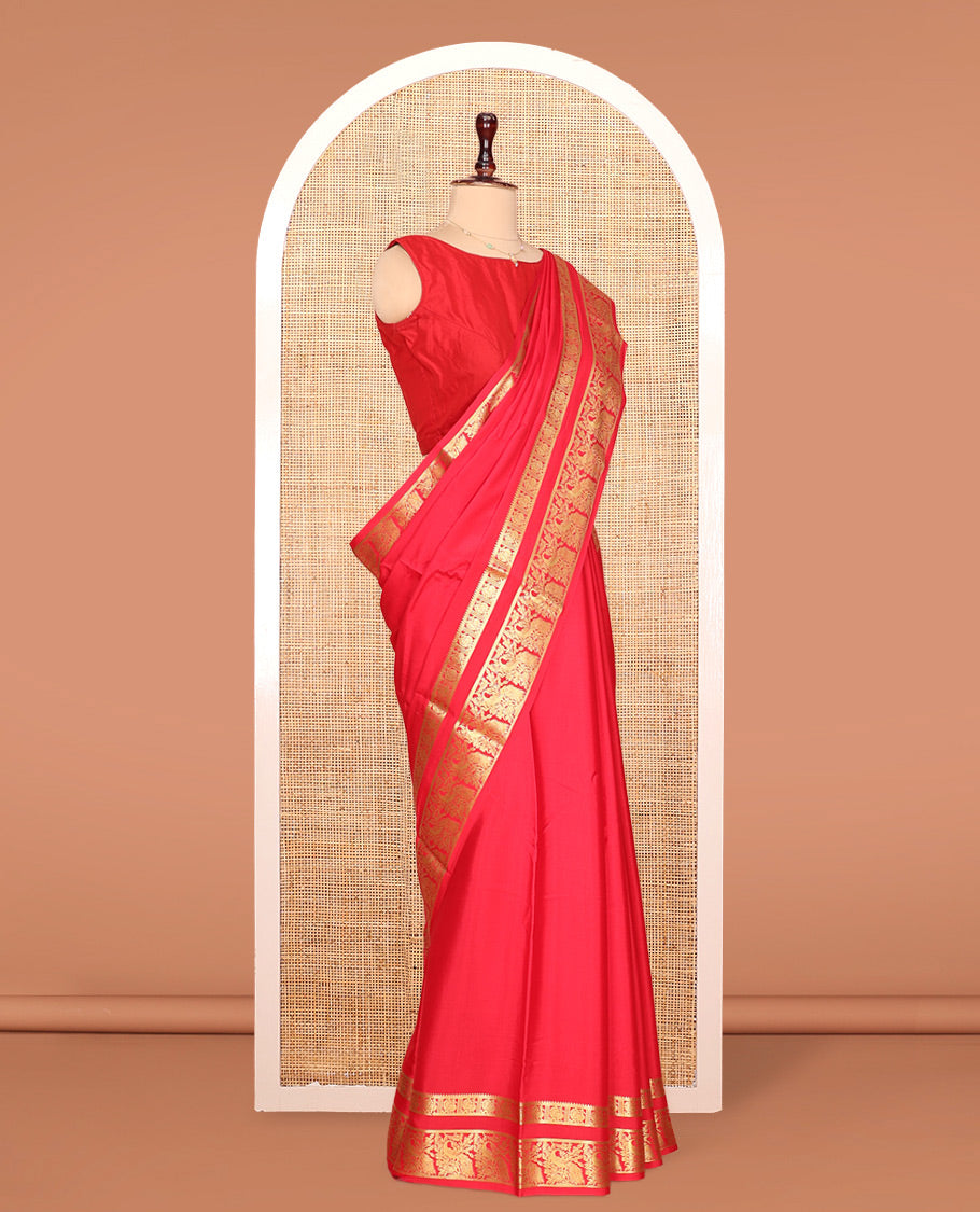 Red Plain Mysore Silk Saree, Entralled with Traditional Zari Border Steeped with Peacock Designs, Zari Decked Up Pallu, and Paired with a Matching Blouse