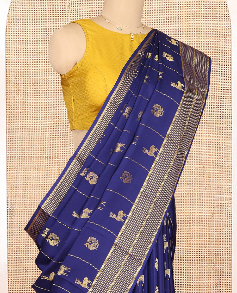 Navy Blue Mysore Silk Saree, Meticulously Crafted with Peacock-Deer Buttas and Stripes, Highlighted by a Traditional Zari Border, Grand Pallu, and a Matching Blouse