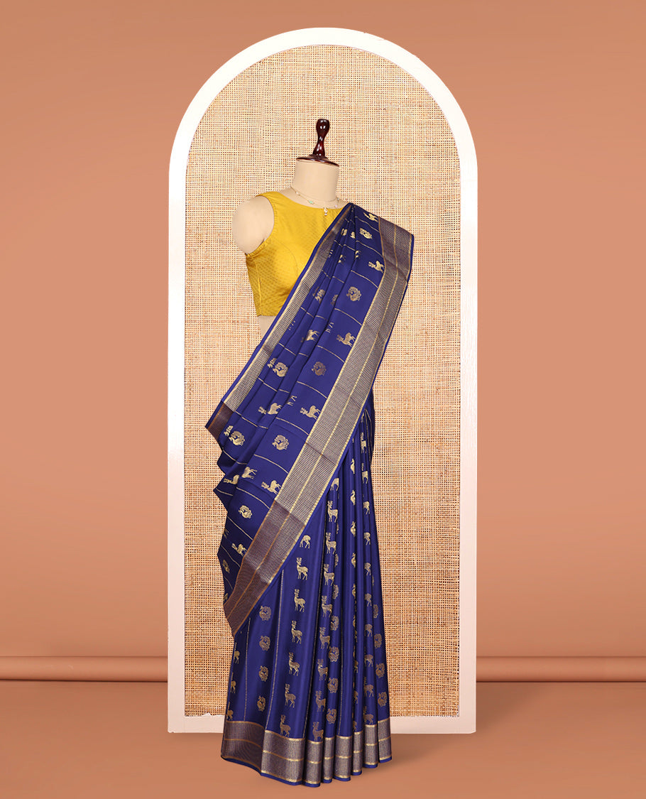 Navy Blue Mysore Silk Saree, Meticulously Crafted with Peacock-Deer Buttas and Stripes, Highlighted by a Traditional Zari Border, Grand Pallu, and a Matching Blouse