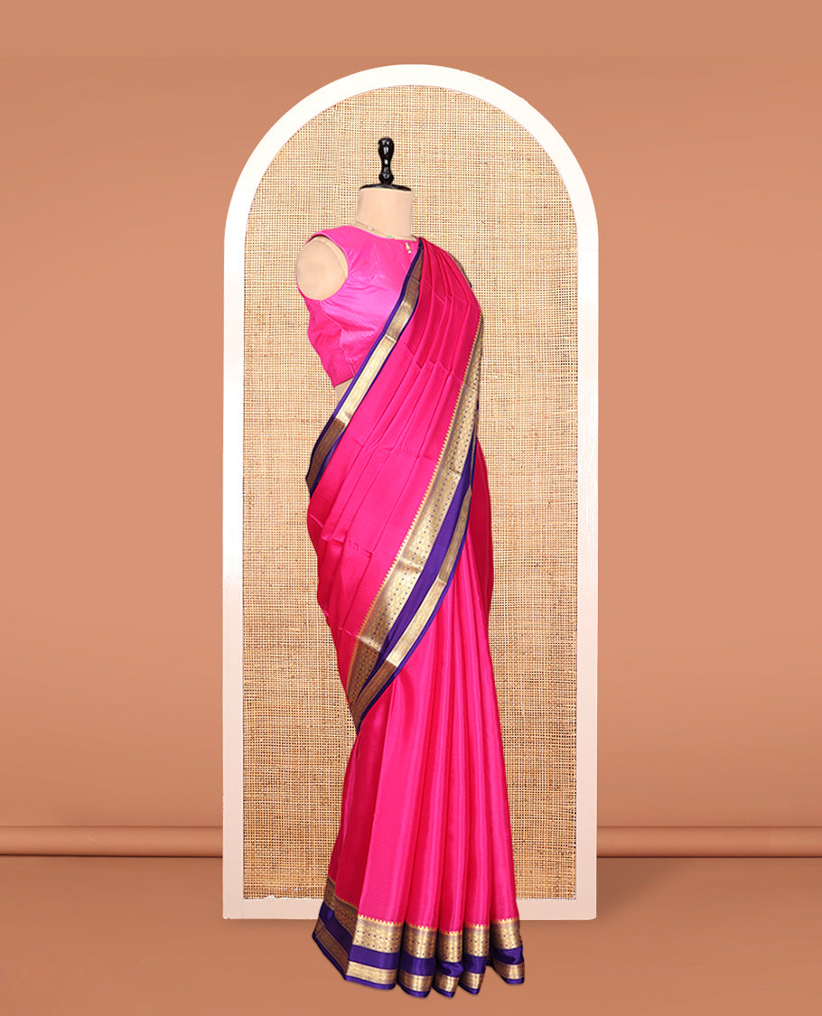 Pink Plain Mysore Silk Saree, Complemented by a Contrast Traditional Zari Double Pettu Border, Zari Design Pallu, and a Contrast Blouse