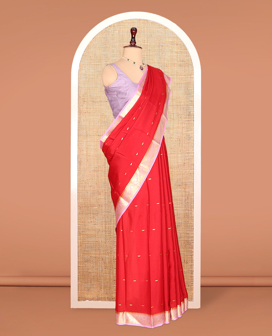Red Zari Buttas Mysore Silk Saree, Complemented by a Contrast Traditional Zari Border, Zari Design Pallu, and a Contrast Blouse