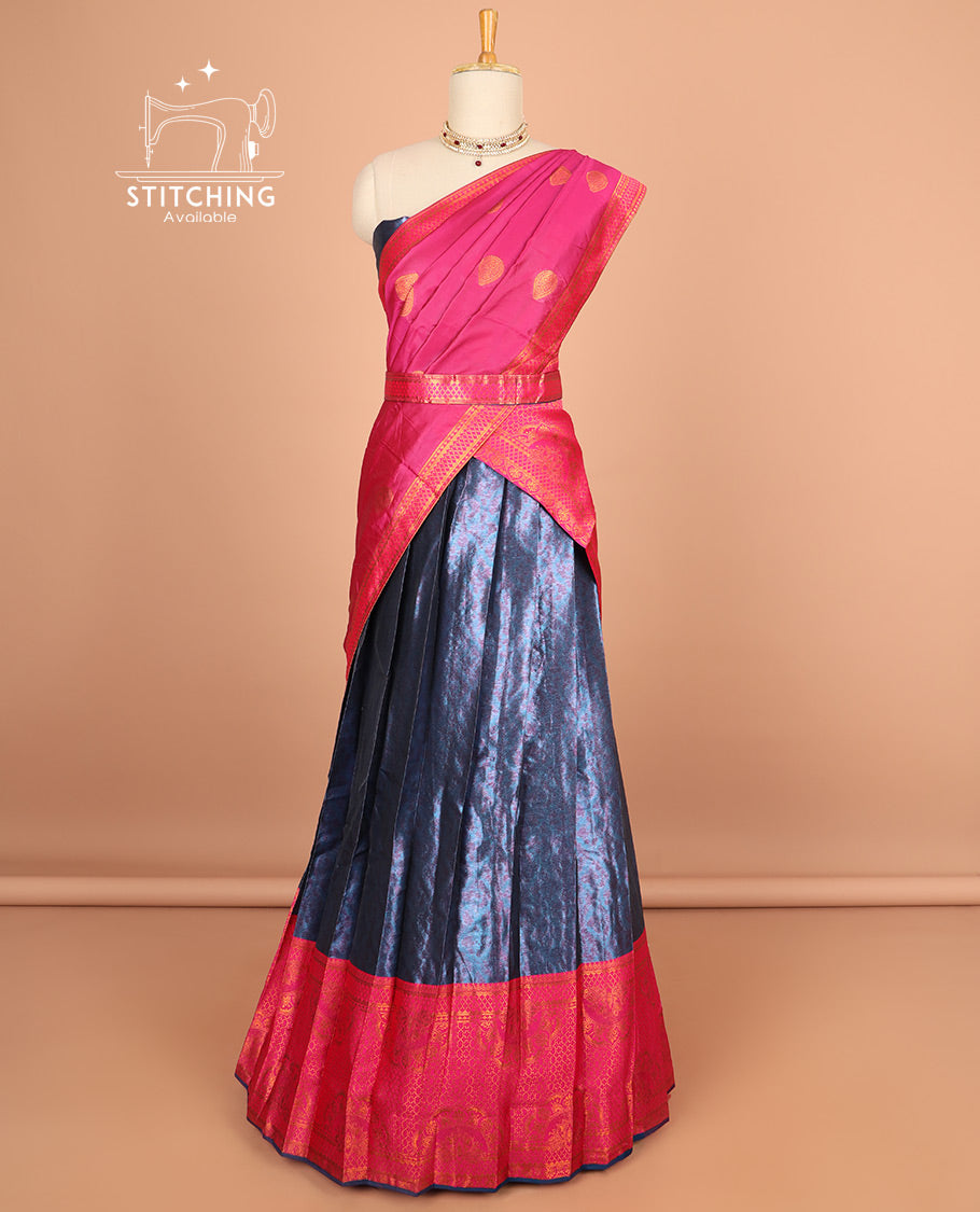 Dusky blue floral design half saree with contrast zari design border, zari design blouse & floral zari design dhavani