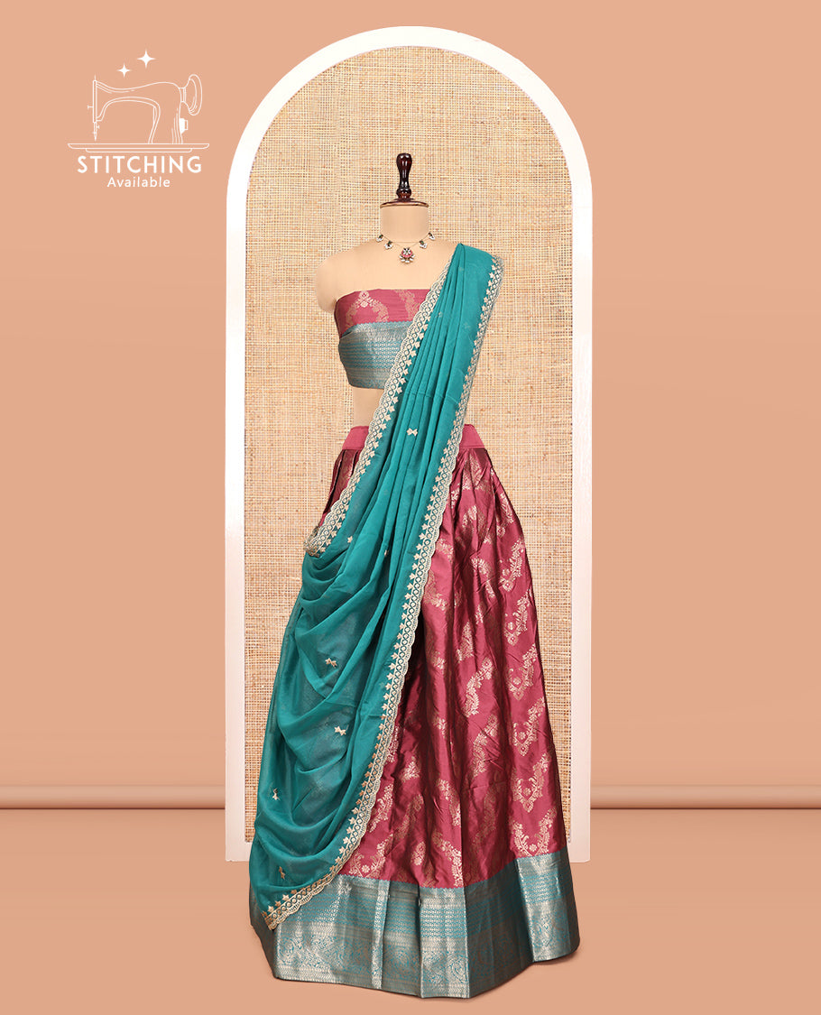 Red Banarasi Half-Saree, Decked Up with Jacquard Design, a Contrast Traditional Zari Border, a Matching Blouse, and a Contrast Embroidered Dhavani