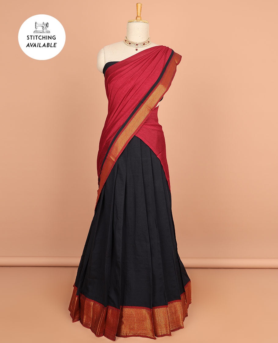 Pink cotton half saree with contrast traditional border , plain blouse & plain dhavani with zari design border