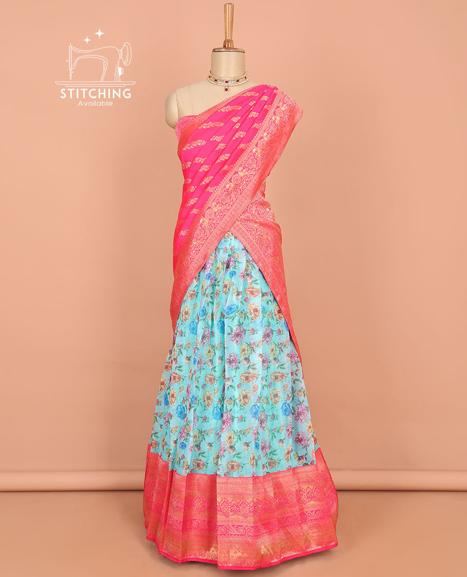 Blue floral printed art silk half saree, contrast traditional design border, jacquard blouse & intricate dhavani