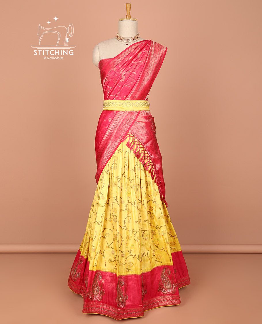 Yellow floral vine design half saree with contrast paisley border , zari design blouse & intricate zari design dhavani