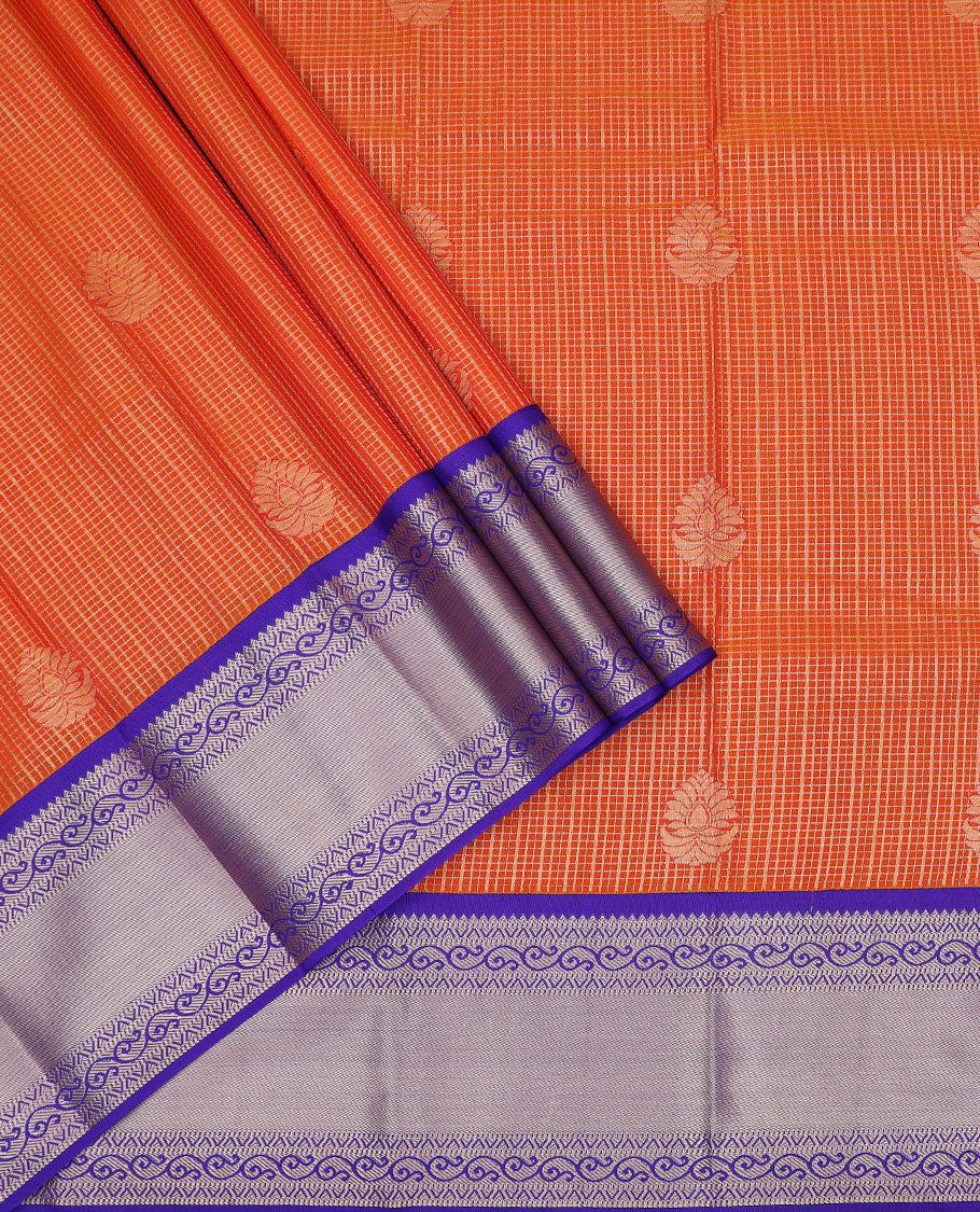 Orange art-silk pavadai material set, micro-zari checked & zari buttas woven pavadai with contrast blouse & traditional zari design border