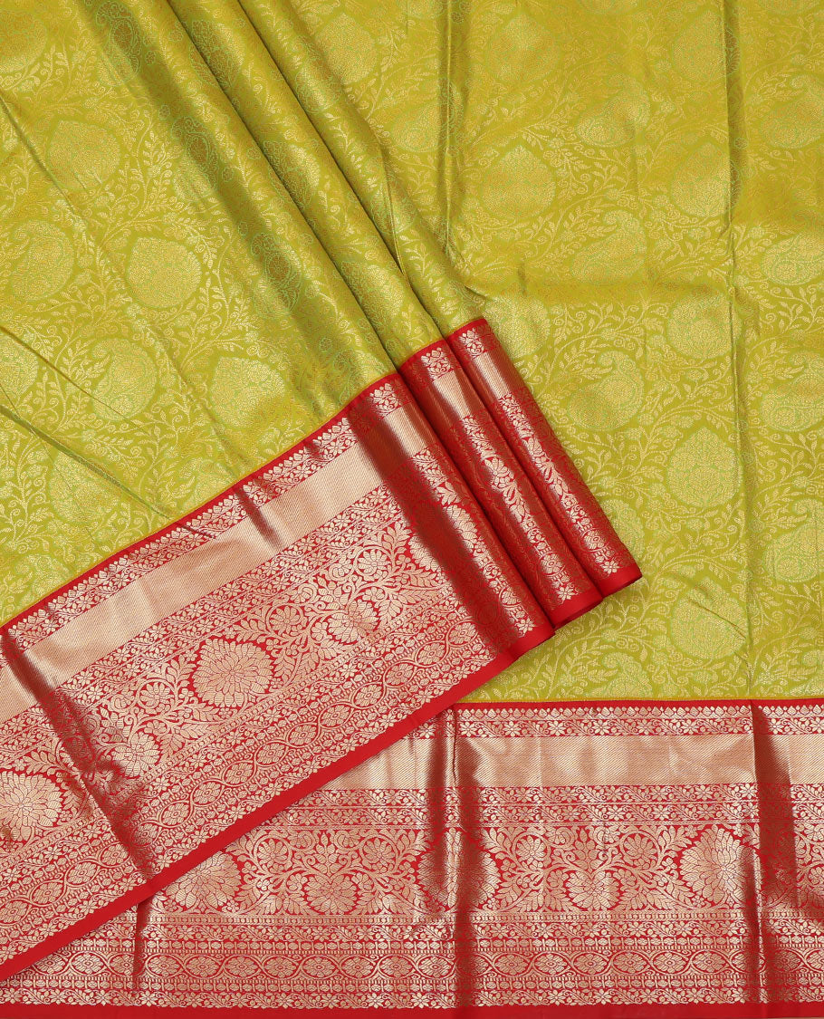 Green Jacquard Art Silk Pavadai Material Features Contrast Traditional Zari Border, a Contrast Blouse