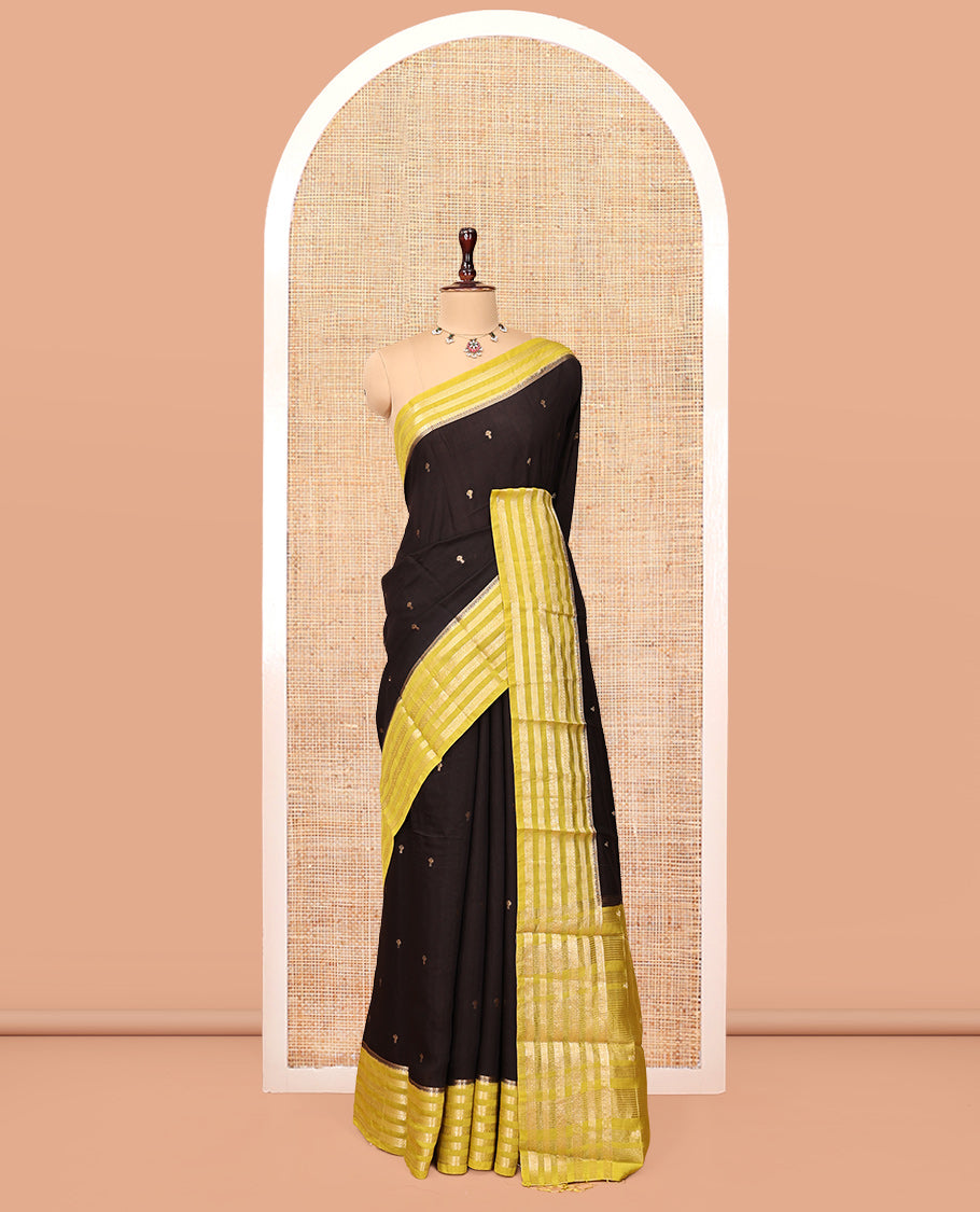 Black Assam Silk Saree, Delicately Woven with Zari Buttas, Complemented by Contrast Traditional Zari Border, Striped Pallu, and a Contrast Blouse
