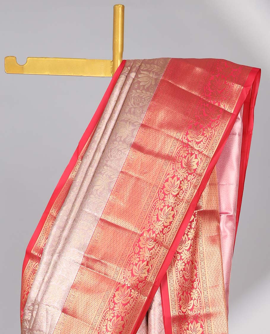 Sandal floral jacquard budget silk saree with contrast floral zari border & pallu of jaal design
