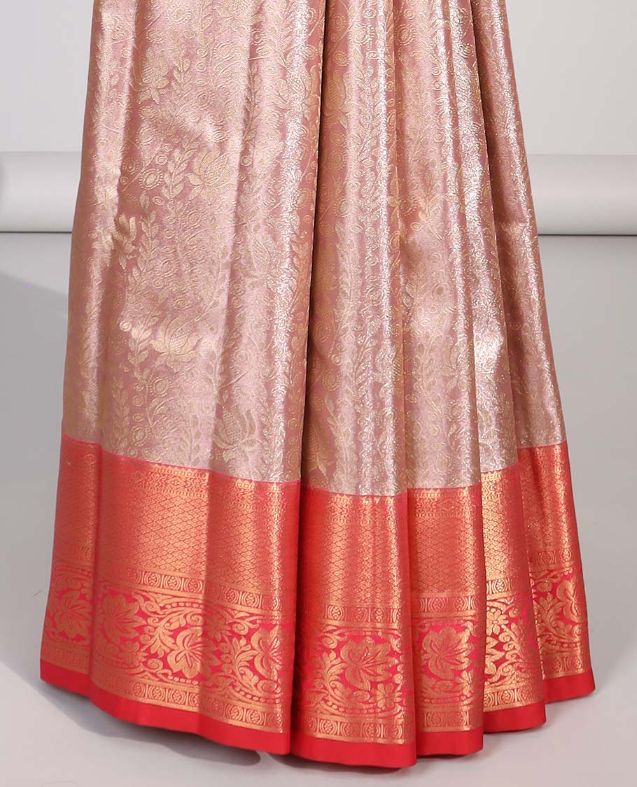 Sandal floral jacquard budget silk saree with contrast floral zari border & pallu of jaal design