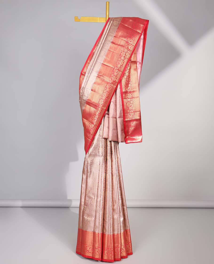 Sandal floral jacquard budget silk saree with contrast floral zari border & pallu of jaal design