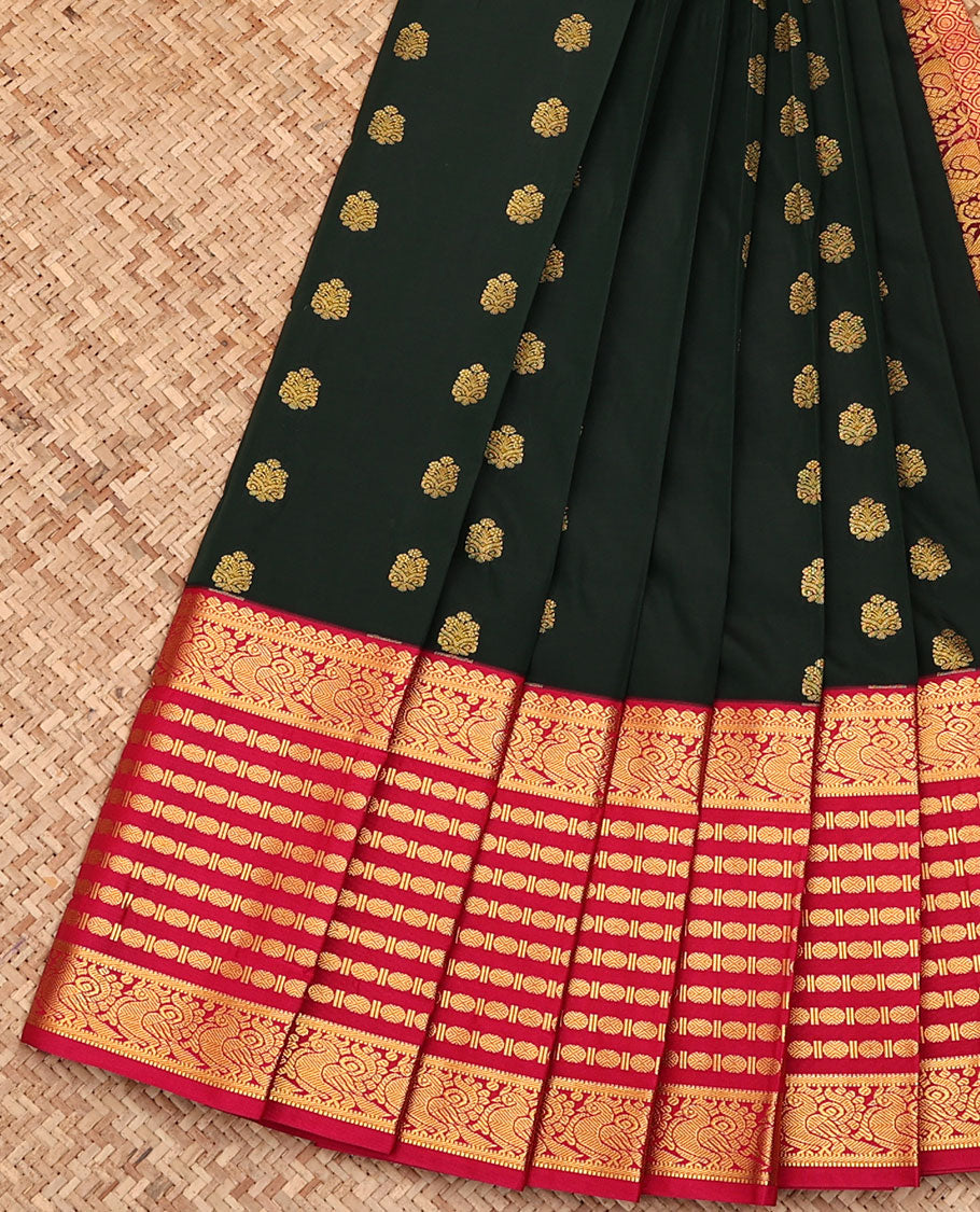 Deep Green Budget Silk Saree, Enlivened with Zari Buttas All Over Its Body, Complemented by a Contrast Traditional Zari Design Border of Rudraksham Designs, Grand Pallu, and Paired with a Contrast Blouse
