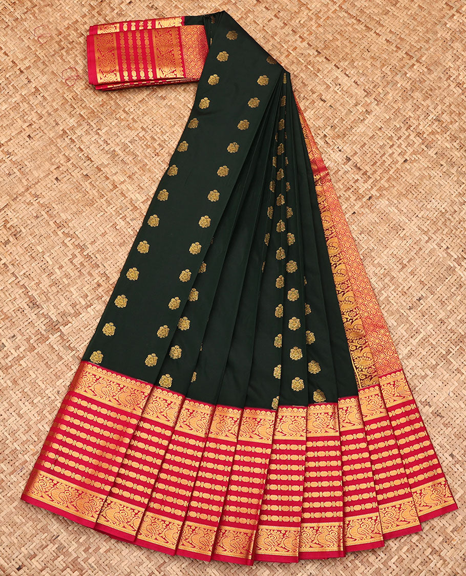 Deep Green Budget Silk Saree, Enlivened with Zari Buttas All Over Its Body, Complemented by a Contrast Traditional Zari Design Border of Rudraksham Designs, Grand Pallu, and Paired with a Contrast Blouse