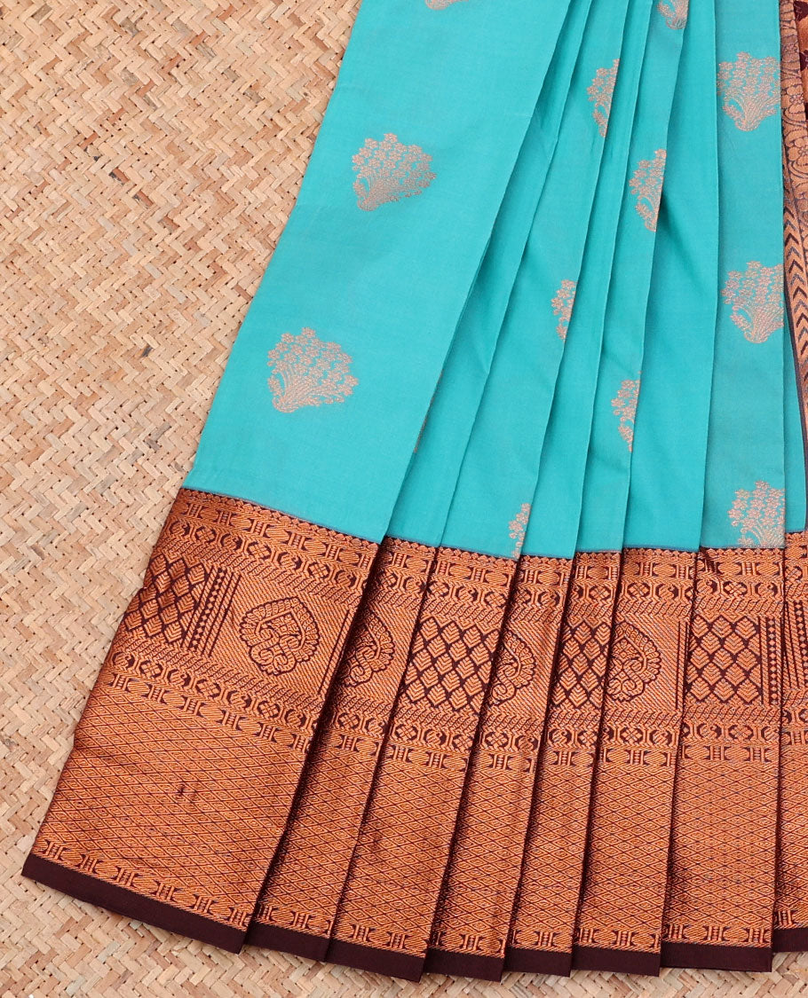 Blue Budget Silk Saree, Woven with Zari Buttas on Its Body, Complemented by a Contrast Traditional Zari Design Border, Pallu Steeped with Floral Designs, and Paired with a Contrast Blouse