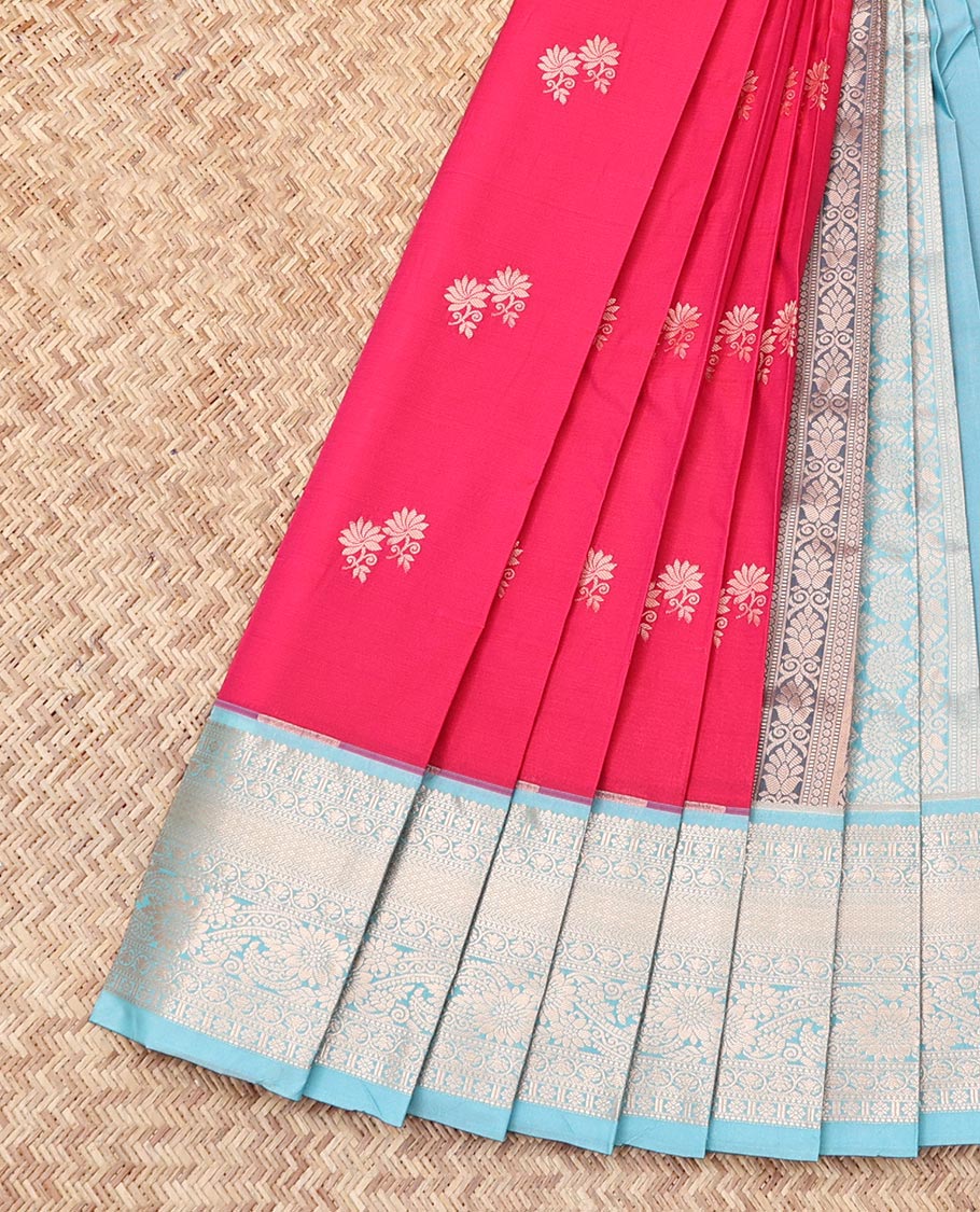 Pink Budget Silk Saree, Beautified with Zari Buttas, Complemented by Contrast Traditional Zari Border, Grand Pallu, and a Contrast Blouse